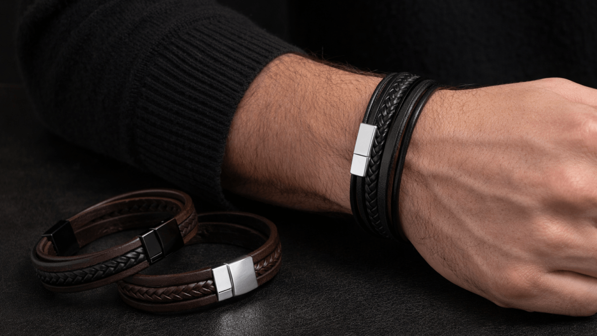 Ανδρικό Βραχιόλι Πολύσειρο Μαύρο Δερμάτινο 21cm