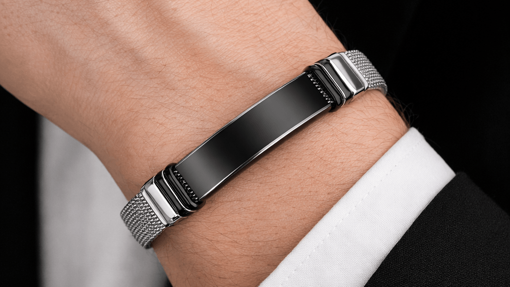 Ανδρικό Βραχιόλι Mesh Ατσάλι με Μαύρη Πλάκα