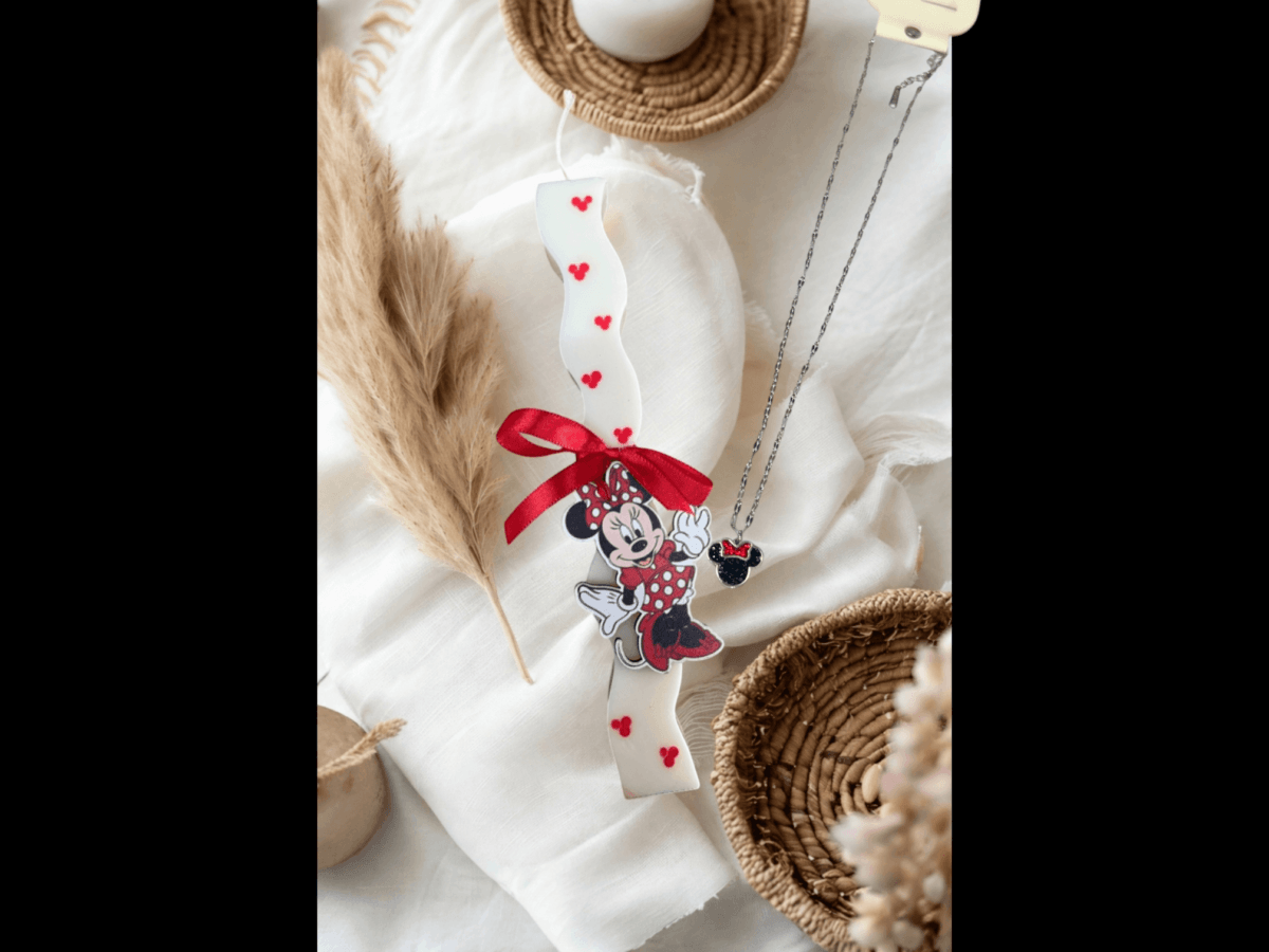 Χειροποίητη Πασχαλινή Λαμπάδα Minnie με Κολιέ από Ανοξείδωτο Ατσάλι