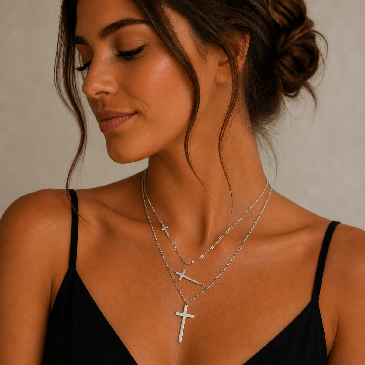Silver Cross Layered Κολιέ από Ανοξείδωτο Ατσάλι
