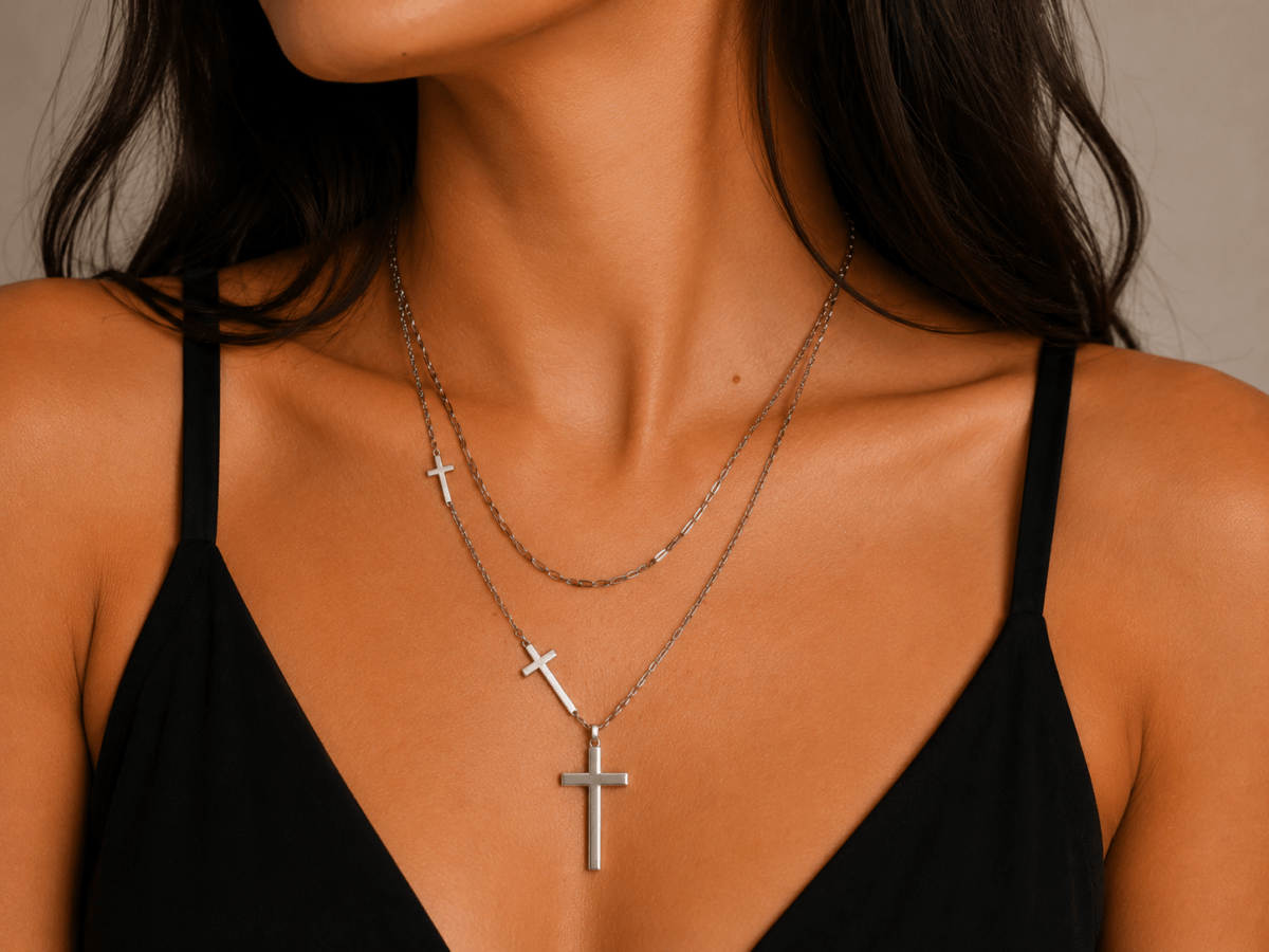 Silver Cross Layered Κολιέ από Ανοξείδωτο Ατσάλι